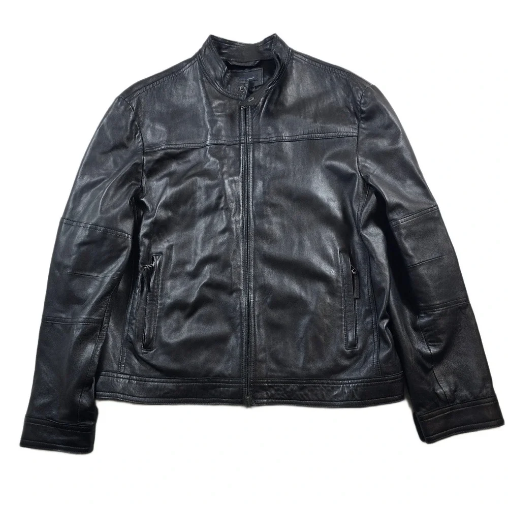 Banana Republic Leather Jacket Mens Large Black Cafe Racer Moto Biker Soft!